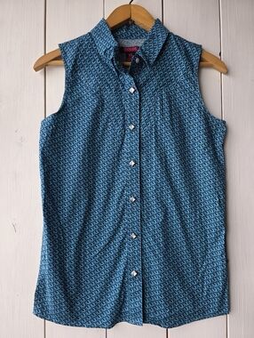 Rock & Roll Denim Sleeveless Western Cowgirl Horseshoe Button Up Shirt Womens XL